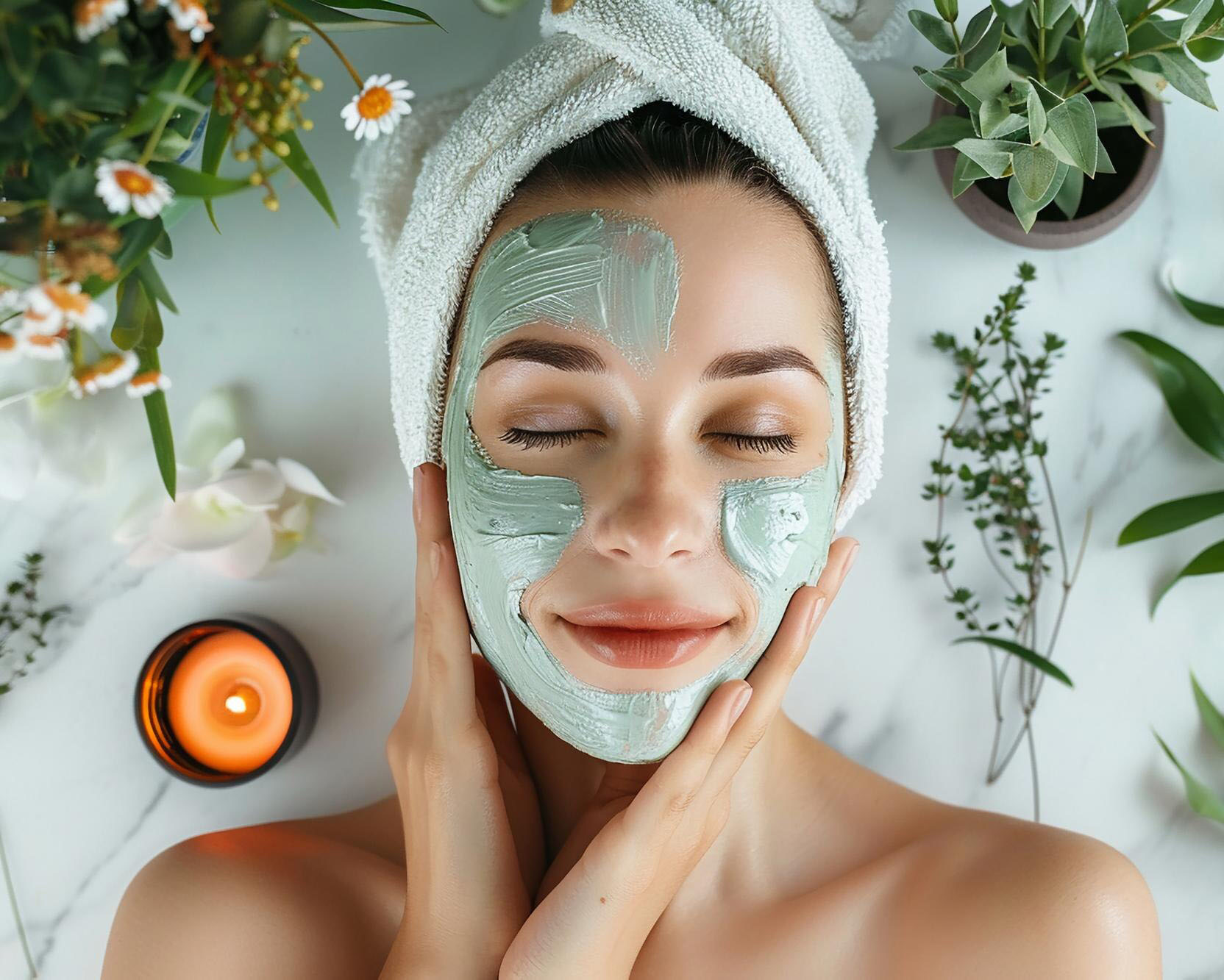 Regenerative skincare products and botanicals on a warm-toned surface