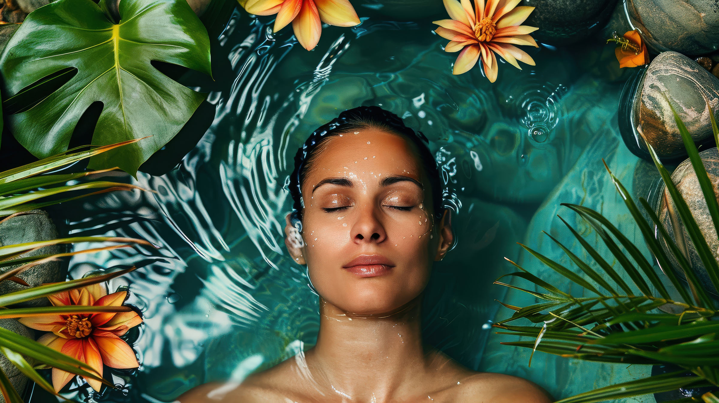 Woman resting peacefully among tropical plants in a holistic wellness setting