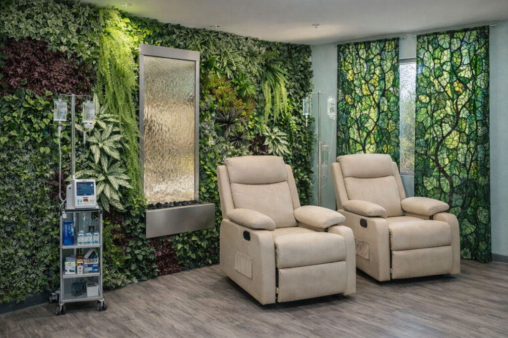 Luxury wellness clinic entrance with lush green plants and warm lighting